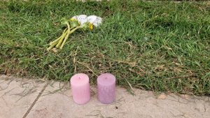 candles and flowers in the grass